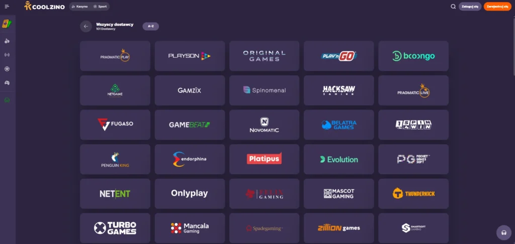 Lista 101 dostawców gier w Coolzino Casino: Pragmatic Play, Playson, Play'n GO, Booongo, NetEnt, Evolution, Novomatic, Endorphina, Hacksaw Gaming i inni