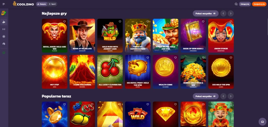 Lobby gier Coolzino Casino z sekcjami Najlepsze gry i Popularne teraz: Royal Joker, Book of Ra Deluxe, Gold Rush with Johnny Cash i inne sloty