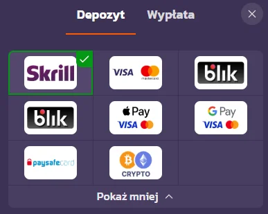 Metody płatności w Coolzino Casino: BLIK, Visa, Mastercard, Skrill, Paysafecard, Apple Pay, Google Pay, kryptowaluty