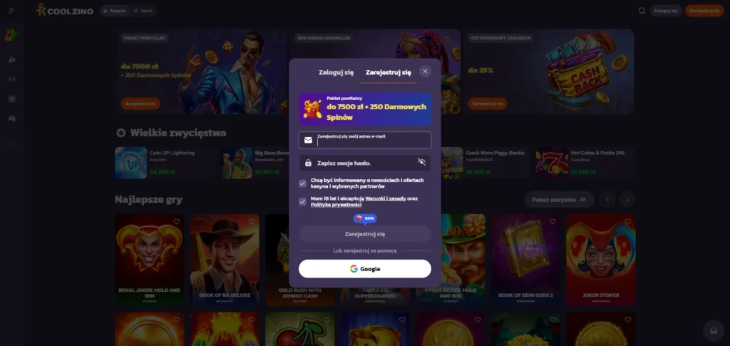 Formularz rejestracji w Coolzino Casino z polami na e-mail i hasło oraz opcją rejestracji przez Google