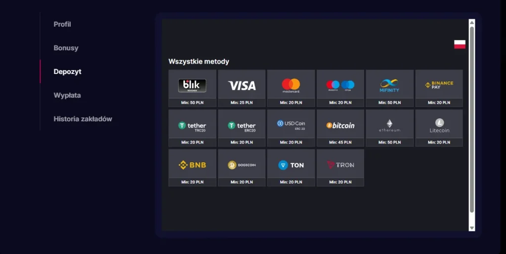 NV Casino depozyt metody płatności BLIK krypto Binance Pay Bitcoin Ethereum minimalna wpłata PLN
