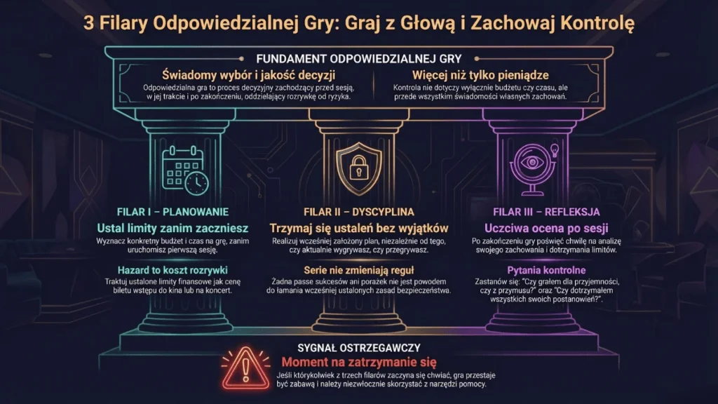 Infografika przedstawiająca trzy filary odpowiedzialnej gry hazardowej: planowanie limitów przed sesją, dyscyplina w trakcie gry i refleksja po jej zakończeniu