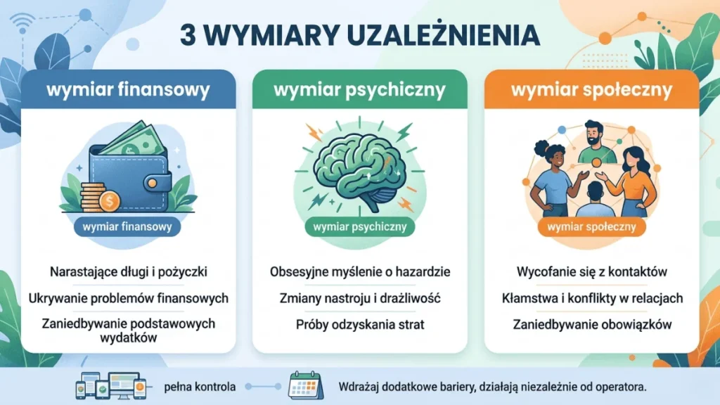 Infografika przedstawiająca trzy wymiary uzależnienia od hazardu: wymiar finansowy z narastającymi długami, wymiar psychiczny z obsesyjnym myśleniem o grze oraz wymiar społeczny z wycofaniem się z relacji i kłamstwami