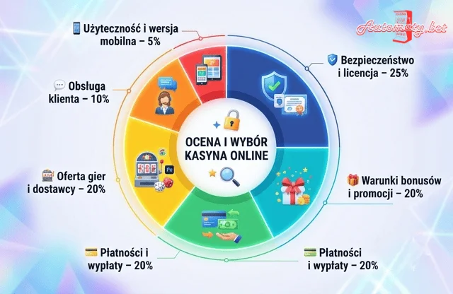Diagram 6 kryteriów oceny kasyn online z wagami procentowymi -Automaty Bet