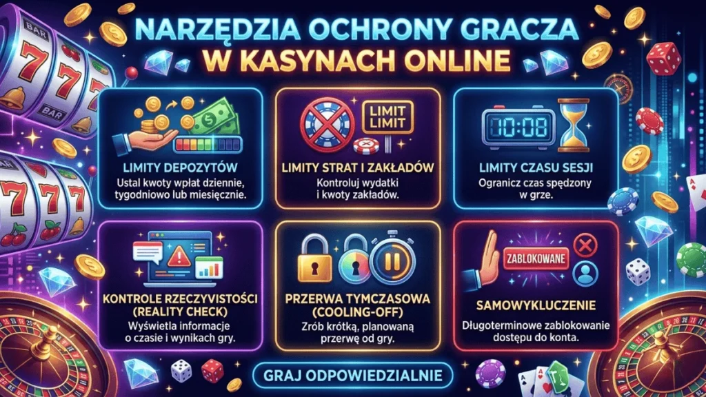 Infografika przedstawiająca sześć narzędzi ochrony gracza w kasynie online: limity depozytów, limity strat i zakładów, limity czasu sesji, kontrole rzeczywistości, przerwa tymczasowa cooling-off oraz samowykluczenie