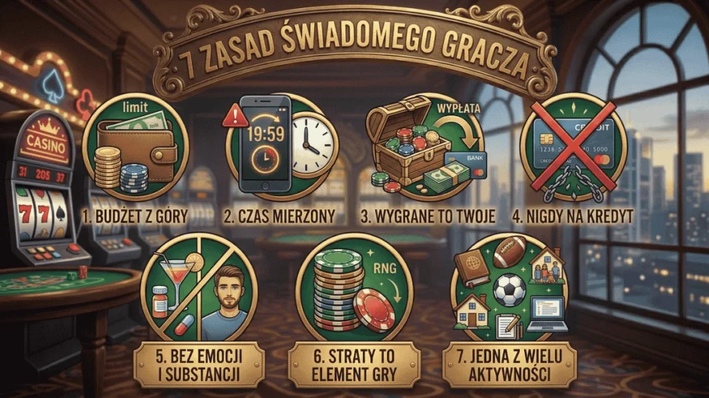 Siedem ikon przedstawiających zasady odpowiedzialnej gry: ustalanie budżetu, kontrola czasu, wypłata wygranych, unikanie kredytu, gra bez emocji, akceptacja strat i równowaga życiowa