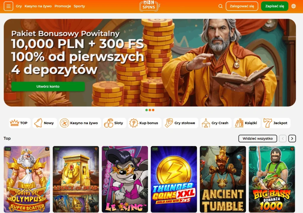 AllSpins Casino bonus powitalny 10000 PLN 300 free spinów