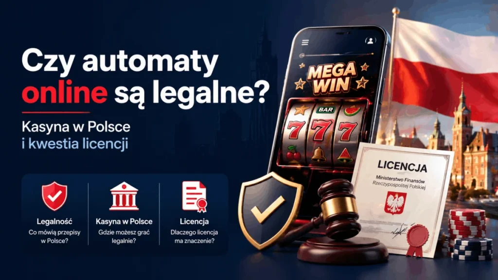 Automat slotowy na ekranie smartfona obok dokumentu z licencją Ministerstwa Finansów, młotka sędziowskiego i tarczy bezpieczeństwa - czy automaty online są legalne w Polsce