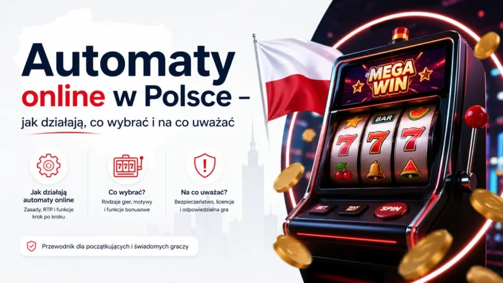 Automat slotowy z trzema siódemkami i napisem MEGA WIN na tle polskiej flagi i panoramy Warszawy - przewodnik po automatach online w Polsce