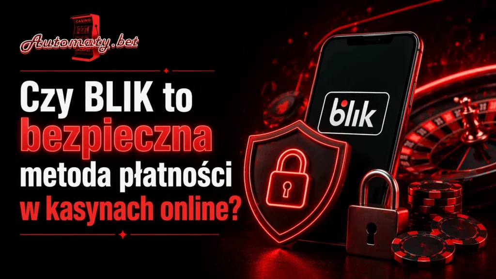 Smartfon z aplikacją BLIK zabezpieczony tarczą z kłódką, obok ruletka kasynowa i czerwone żetony — wizualizacja bezpieczeństwa płatności BLIK w kasynach online