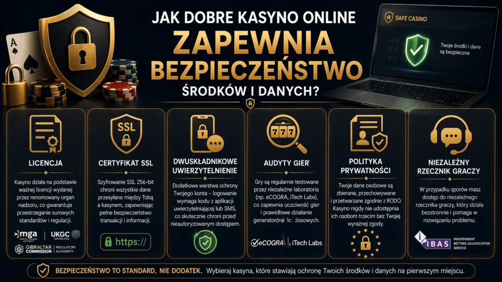 Bezpieczeństwo w kasynach online - licencja MGA, certyfikat SSL, dwuskładnikowe uwierzytelnienie, audyty gier, RODO, rzecznik IBAS