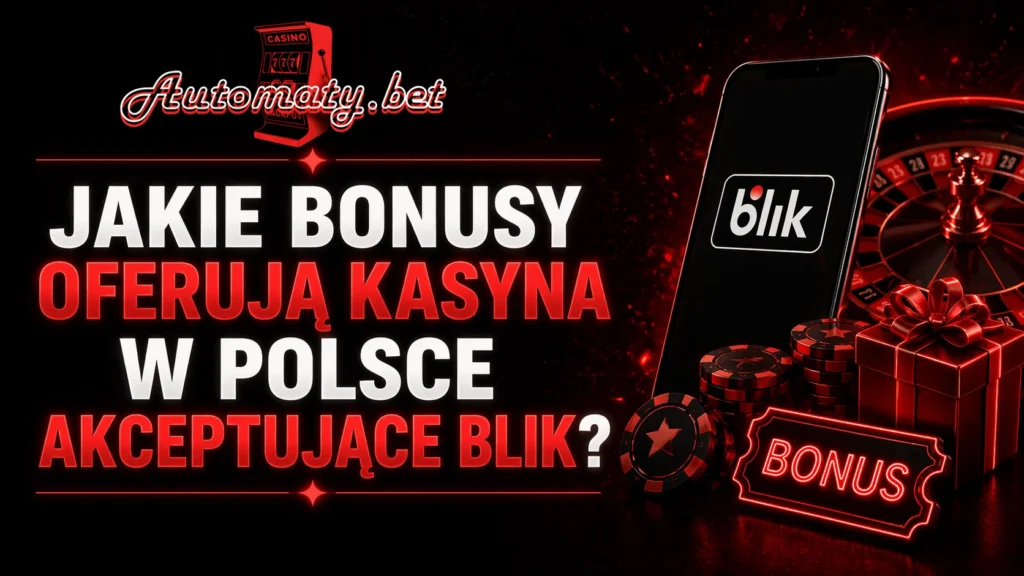 Smartfon z aplikacją BLIK obok ruletki kasynowej, czerwonych żetonów, prezentu i neonowego napisu „BONUS" - bonusy w kasynach online akceptujących BLIK w Polsce 2026