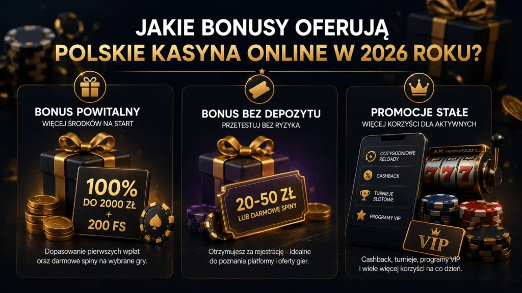 Bonusy w polskich kasynach online 2026 - bonus powitalny 100% do 2000 zł, bonus bez depozytu 20-50 zł i promocje stałe