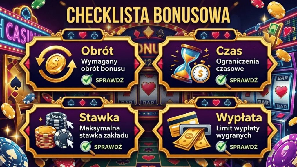 Checklista bonusowa z czterema punktami kontrolnymi przed aktywacją bonusu kasynowego: wymagany obrót bonusu, ograniczenia czasowe, maksymalna stawka zakładu oraz limit wypłaty wygranych