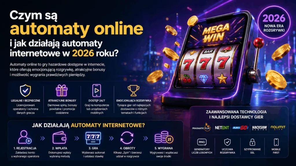 Infografika wyjaśniająca czym są automaty online i jak działają w 2026 roku - cechy gier (legalność, bonusy, dostęp 24/7, rozgrywka), pięcioetapowy proces gry od rejestracji do wypłaty oraz logotypy dostawców Pragmatic Play, NetEnt, Play'n GO, Hacksaw i Nolimit City