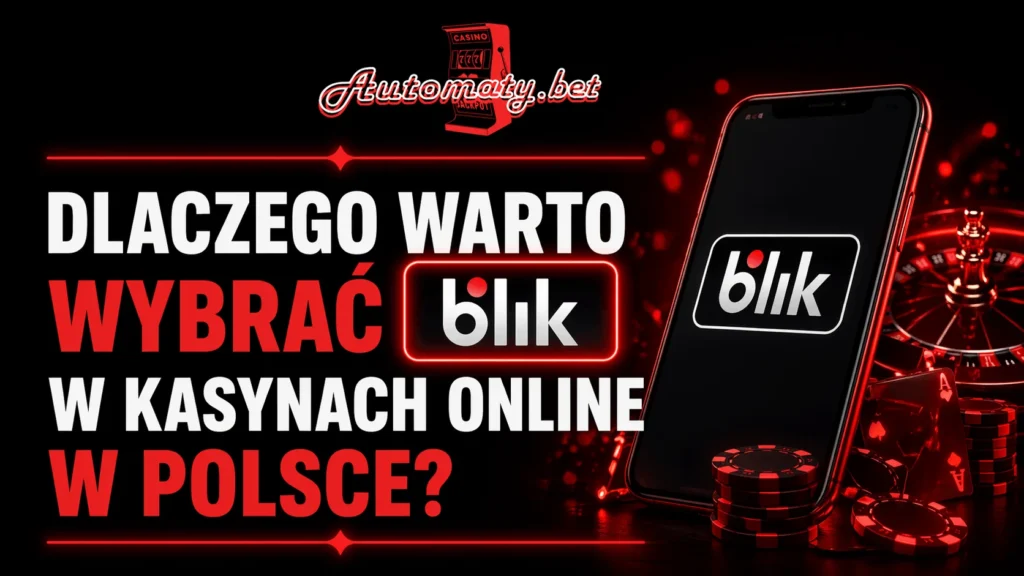 Smartfon z aplikacją BLIK obok ruletki kasynowej, kart do gry i czerwonych żetonów — dlaczego warto wybrać BLIK jako metodę płatności w kasynach online w Polsce 