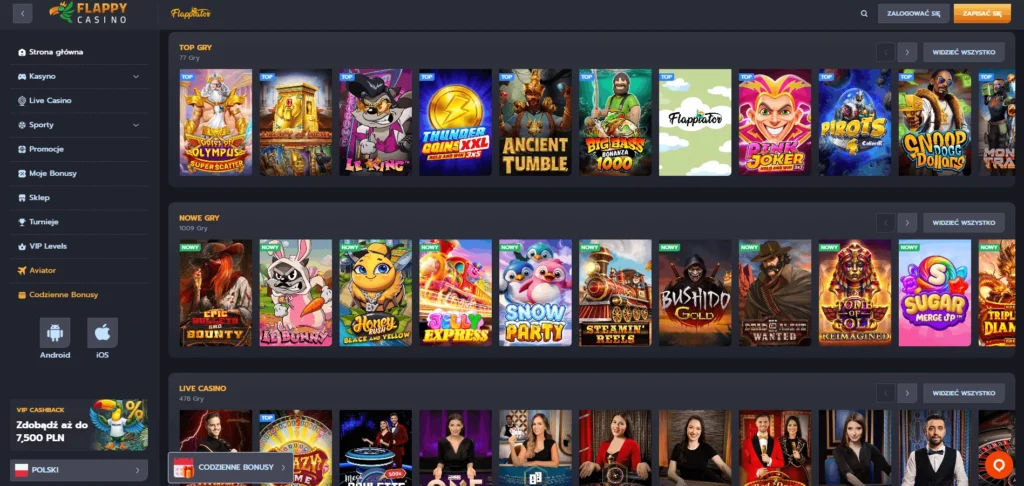 Flappy Casino lobby gier sloty nowe gry live casino