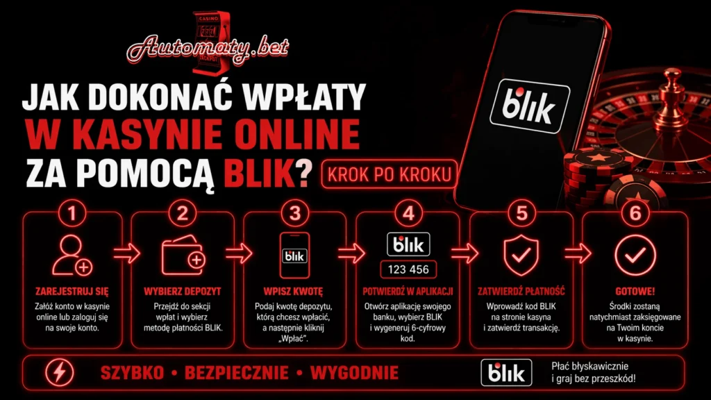 Infografika krok po kroku pokazująca jak dokonać wpłaty BLIK w kasynie online: 1. zarejestruj się, 2. wybierz depozyt, 3. wpisz kwotę, 4. wygeneruj kod w aplikacji bankowej, 5. zatwierdź płatność, 6. środki na koncie w kasynie