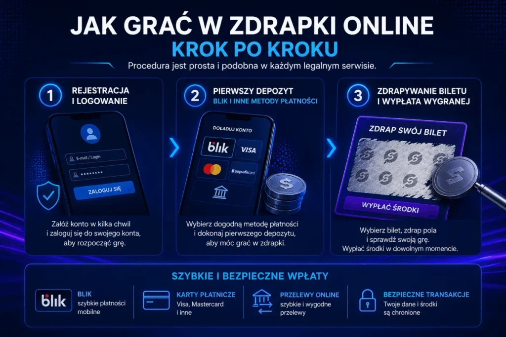 Infografika jak grać w zdrapki online w 3 krokach – rejestracja, pierwszy depozyt BLIK, zdrapywanie biletu i wypłata