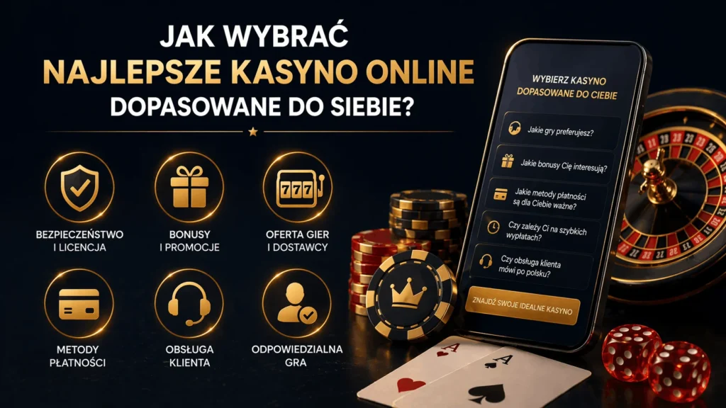 Jak wybrać najlepsze kasyno online - 6 kryteriów wyboru, asystent na smartfonie, żetony, ruletka i karty na ciemnym tle