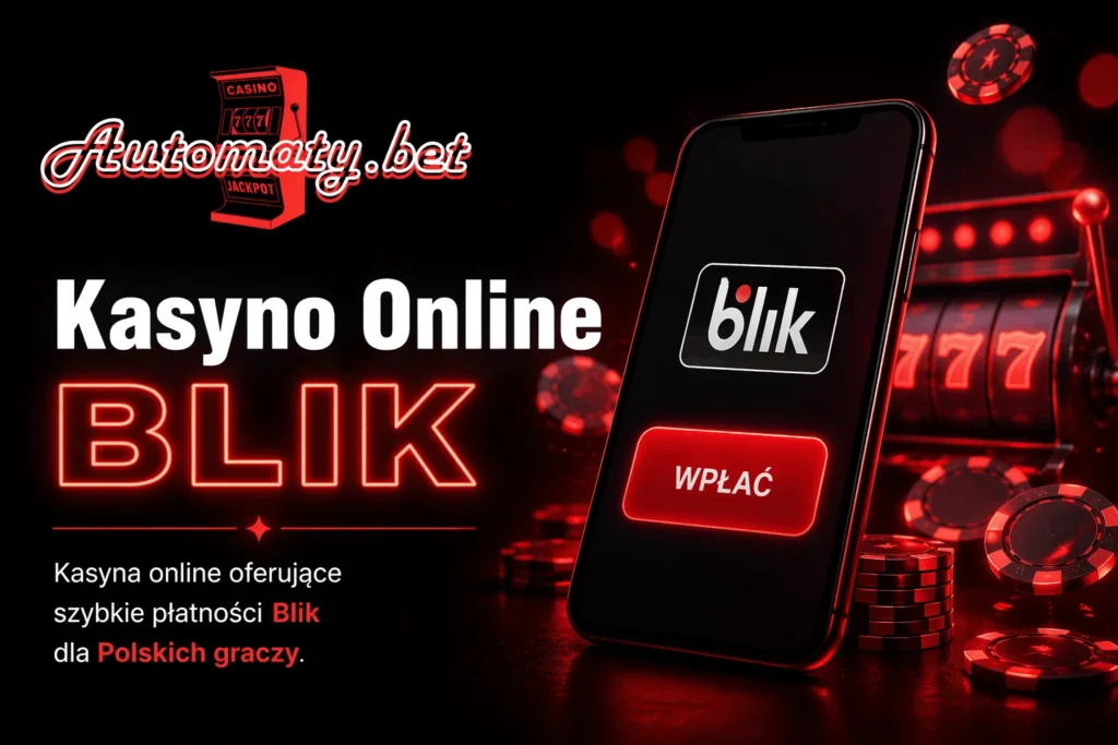 Smartfon z aplikacją BLIK i przyciskiem „Wpłać" na tle żetonów kasyna i bębnów slotu - kasyno online BLIK 2026 dla polskich graczy