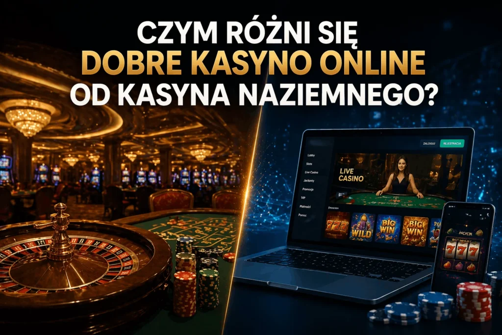 Porównanie kasyna online i kasyna naziemnego - stacjonarna ruletka ze stołami vs laptop z live casino i smartfon ze slotami