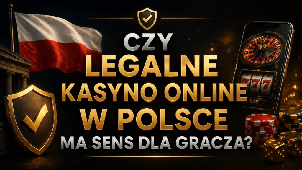 Legalne kasyno online w Polsce - polska flaga, tarcza z certyfikatem, smartfon z ruletką i automatem oraz żetony na czarnym tle