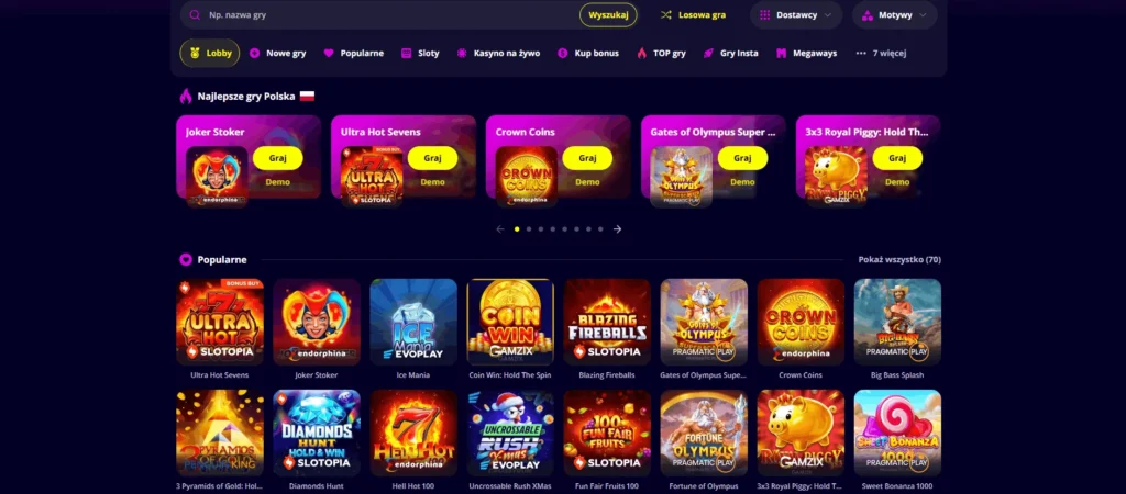 Lobby gier Slotoro Casino popularne sloty Gates of Olympus Joker Stoker Sweet Bonanza