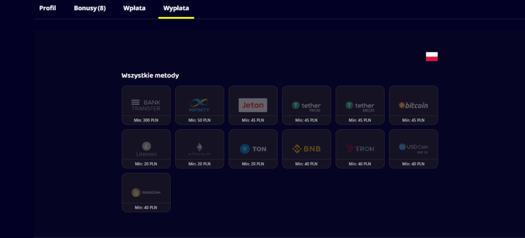 Metody wypłat w Slotoro Casino przelew bankowy MiFinity Jeton Bitcoin USDT Ethereum