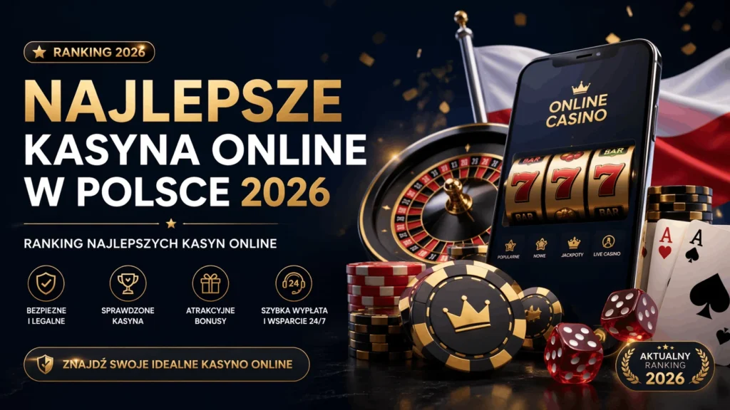 Ranking najlepszych kasyn online w Polsce 2026 - smartfon z grą slot, ruletka, żetony i karty na ciemnym tle z polską flagą