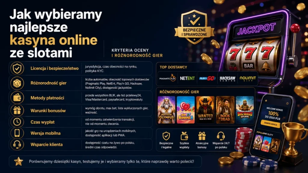 Infografika z kryteriami oceny kasyn online ze slotami - licencja, różnorodność gier, metody płatności, warunki bonusów, czas wypłat, wersja mobilna i wsparcie klienta - oraz logotypy dostawców Pragmatic Play, NetEnt, Play'n GO, Hacksaw i Nolimit City