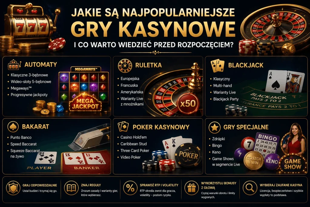 Najpopularniejsze gry kasynowe online - automaty Megaways, ruletka, blackjack, bakarat, poker kasynowy i gry specjalne