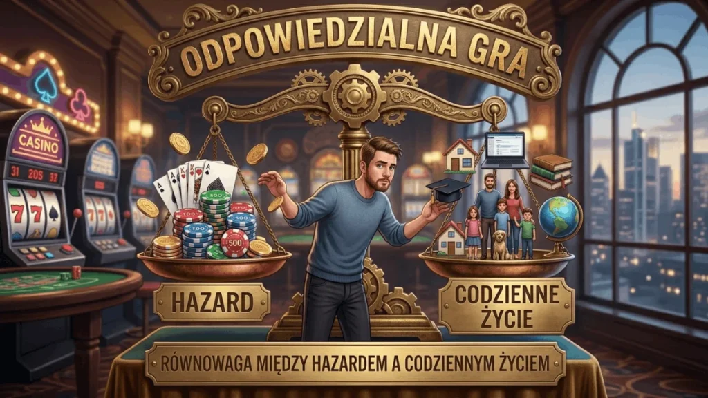 Mężczyzna stojący przy wadze szalkowej z żetonami kasynowymi po jednej stronie i symbolami życia codziennego po drugiej - ilustracja odpowiedzialnej gry