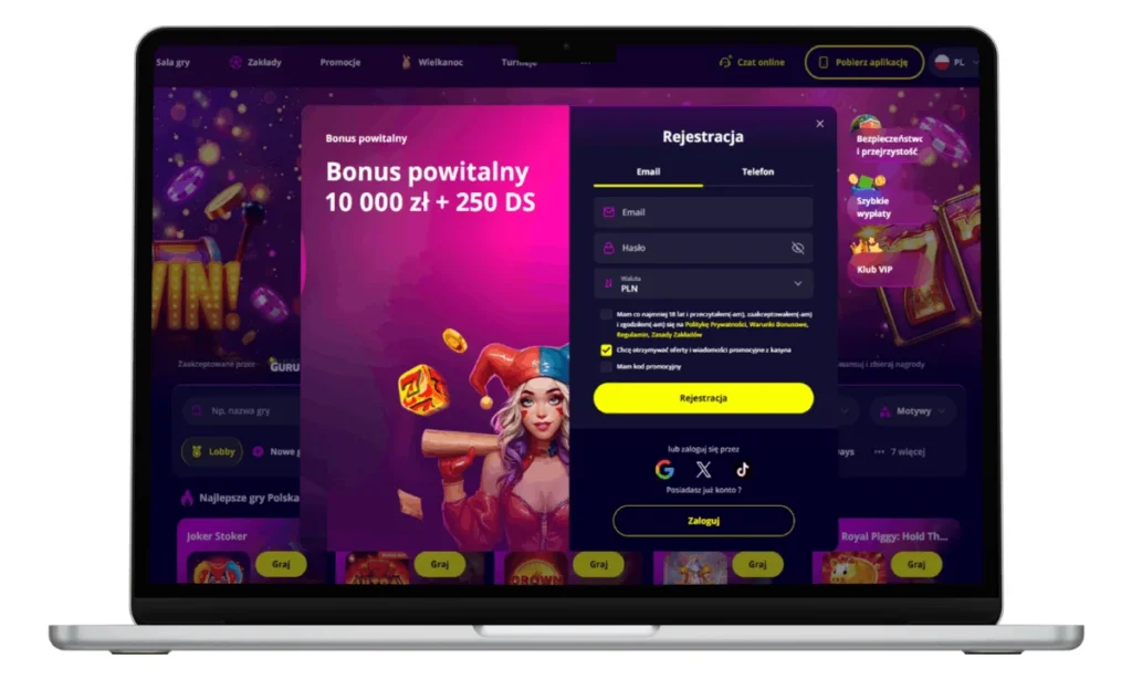 Rejestracja w Slotoro Casino z bonusem powitalnym 10 000 zł i 250 darmowych spinów