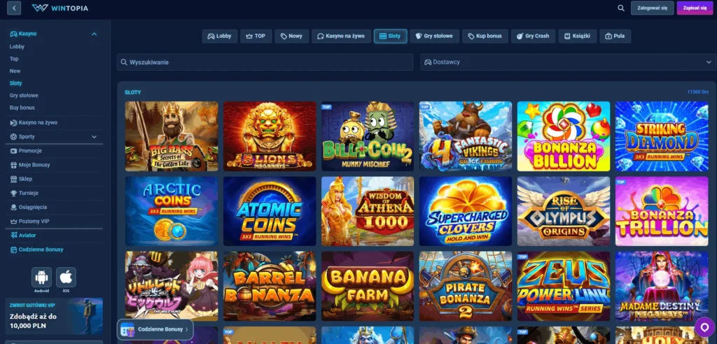 Wintopia Casino lobby gier sloty dostawcy oprogramowania