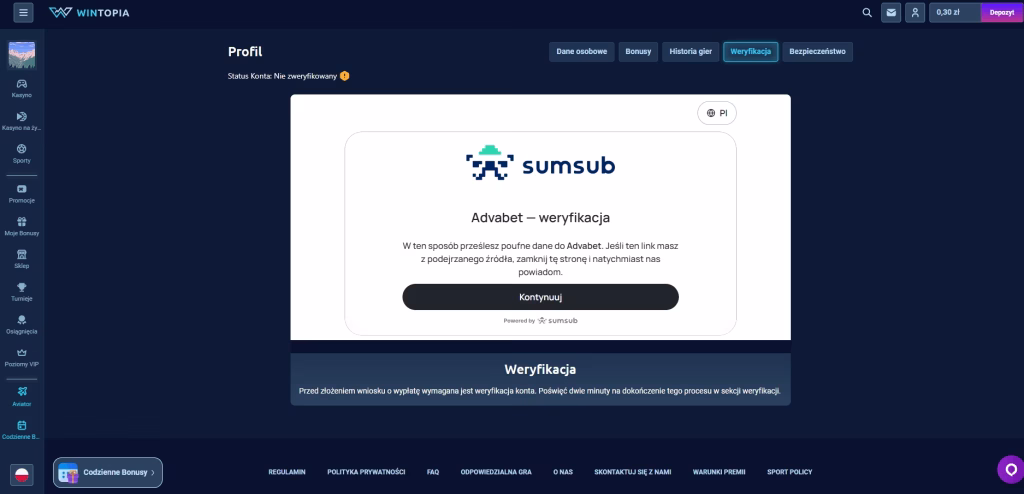 Weryfikacja konta w Wintopia Casino proces KYC dokumenty