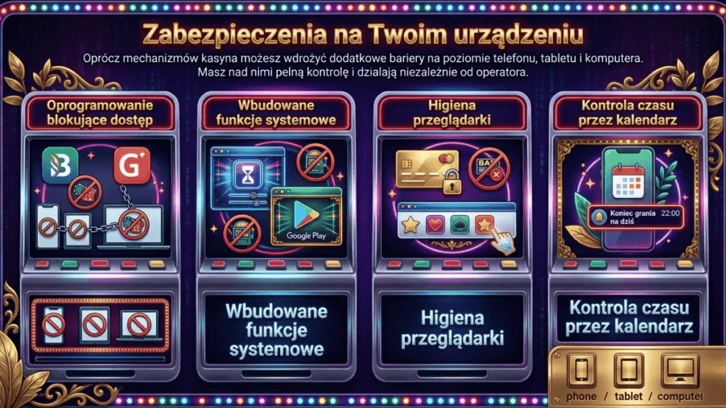 Infografika z czterema metodami zabezpieczenia urządzeń przed hazardem: oprogramowanie blokujące dostęp, wbudowane funkcje systemowe iOS i Android, higiena przeglądarki oraz kontrola czasu przez kalendarz