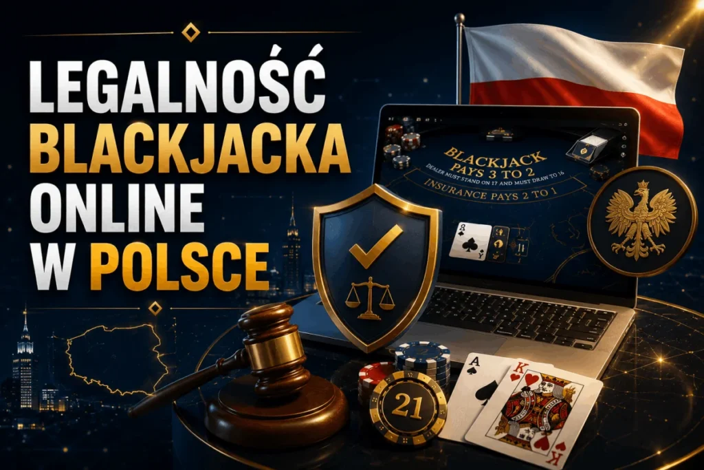 Legalność blackjacka online w Polsce 2026 - flaga, godło, sąd i laptop z grą blackjack