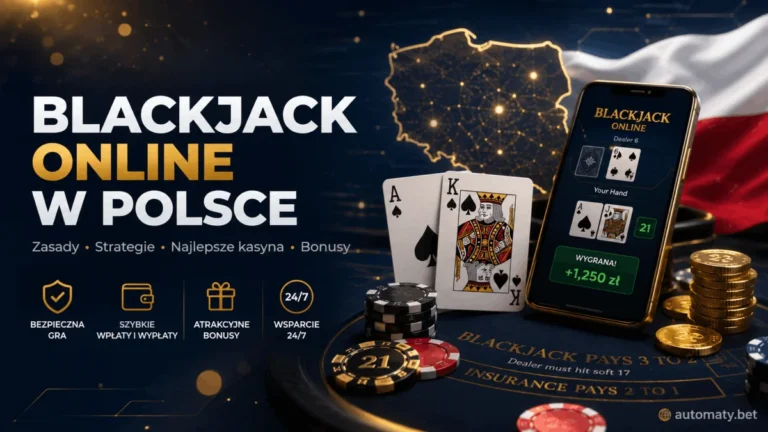 Blackjack online w Polsce 2026 - karty as i król, telefon z grą blackjack, żetony kasyna i flaga Polski