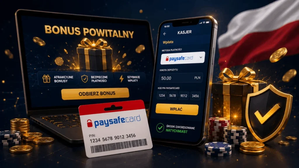 Bonus powitalny aktywowany wpłatą Paysafecard 50 zł w kasynie online - laptop z ofertą bonusu, karta Paysafecard z kodem PIN i smartfon z kasjerem