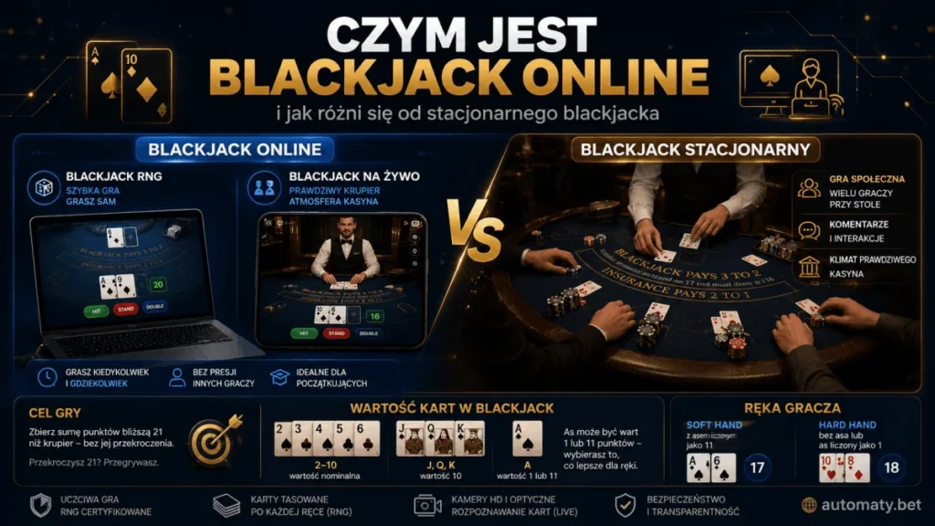 Porównanie blackjacka online (RNG i live dealer) ze stacjonarnym - cel gry, wartość kart, soft i hard hand