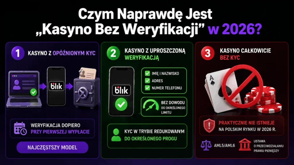 3 typy kasyn bez weryfikacji w 2026 - kasyno z opóźnionym KYC, uproszczoną weryfikacją i całkowicie bez KYC