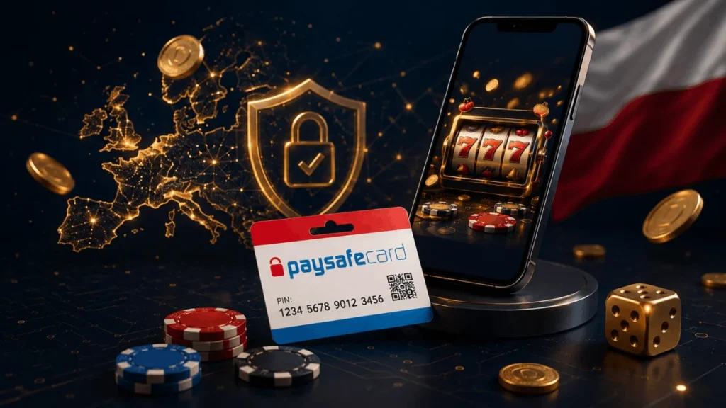 Karta Paysafecard z 16-cyfrowym kodem PIN i kodem QR obok smartfona z grą slot - jak działa Paysafecard w kasynie online
