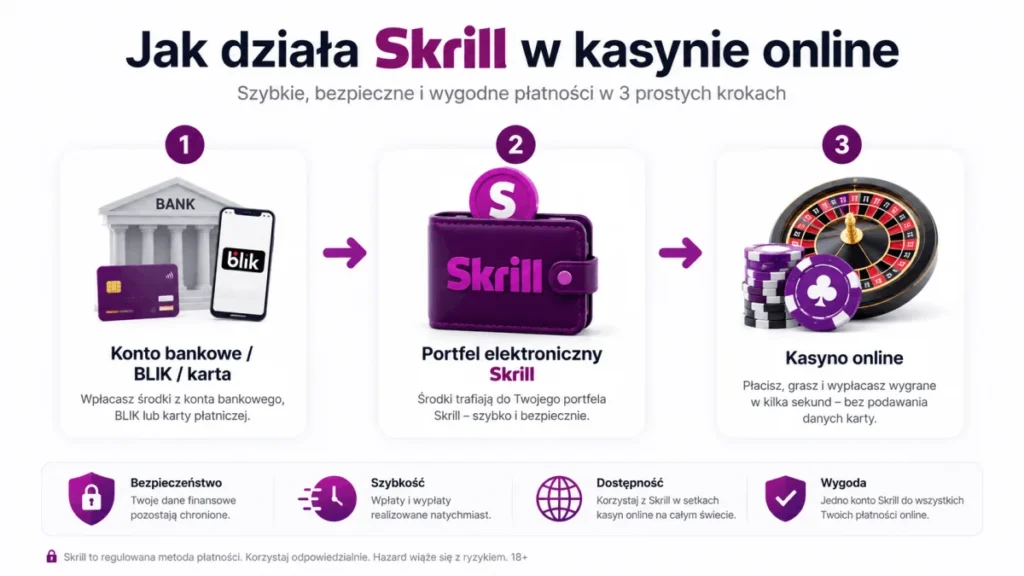 Schemat działania Skrill jako pośrednika między bankiem gracza a kasynem online — diagram przepływu środków przez portfel elektroniczny