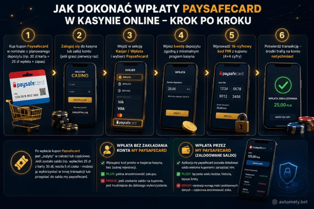 Infografika 6 kroków wpłaty Paysafecard w kasynie online - od zakupu kuponu po potwierdzenie transakcji z kodem PIN