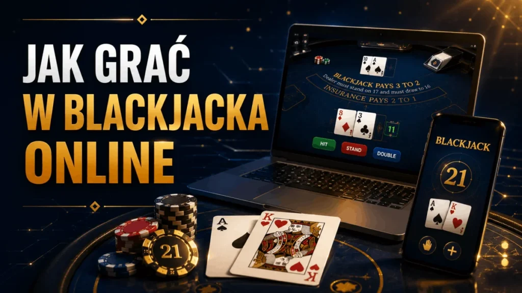 Jak grać w blackjacka online - laptop i telefon z grą, karty as i król, żetony kasyna