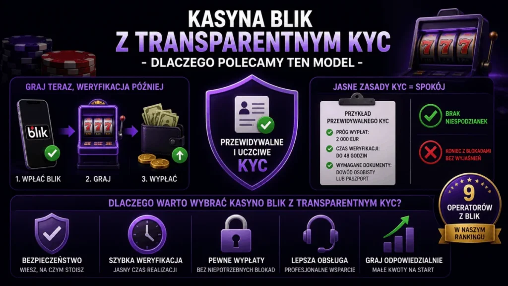 Infografika - kasyna BLIK z transparentnym KYC: próg wypłat 2000 EUR, weryfikacja do 48h, 9 operatorów w rankingu