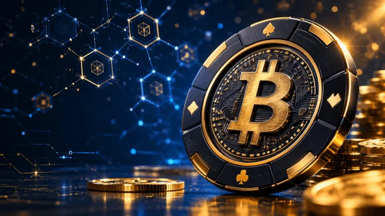 Żeton kasyna z symbolem bitcoin na tle wzoru blockchain