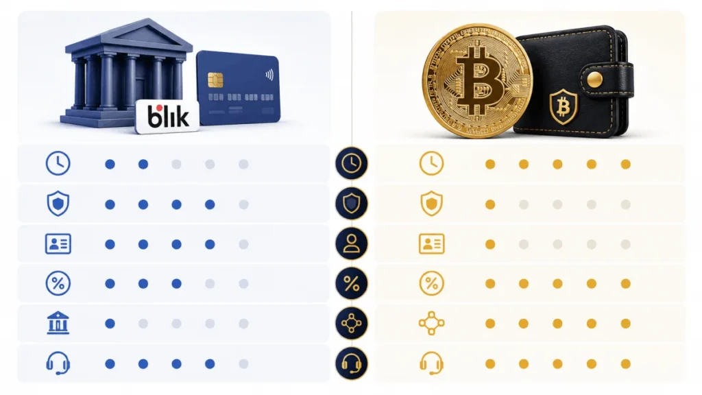 Schemat porównawczy kasyna bitcoin i tradycyjnego kasyna online - szybkość, KYC, bonusy