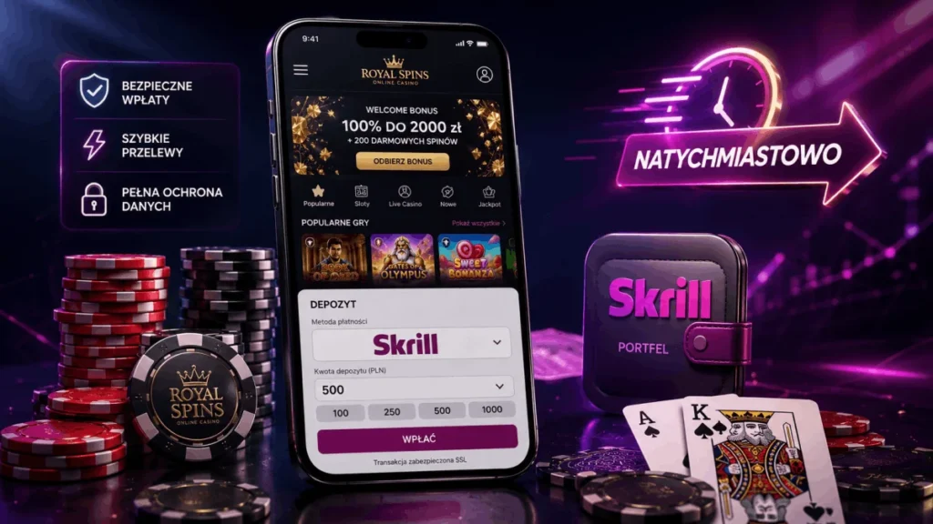 Kasyno Skrill 2026 — najlepsze kasyna online z płatnością Skrill, logo Skrill obok smartfona z aplikacją kasyna i symbolami szybkich wypłat